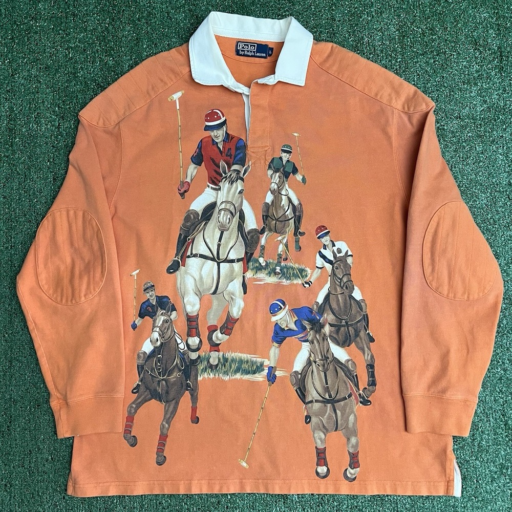 Polo Ralph Lauren OG Five 5 Horsemen Rugby Shirt Orange Rare Size Large